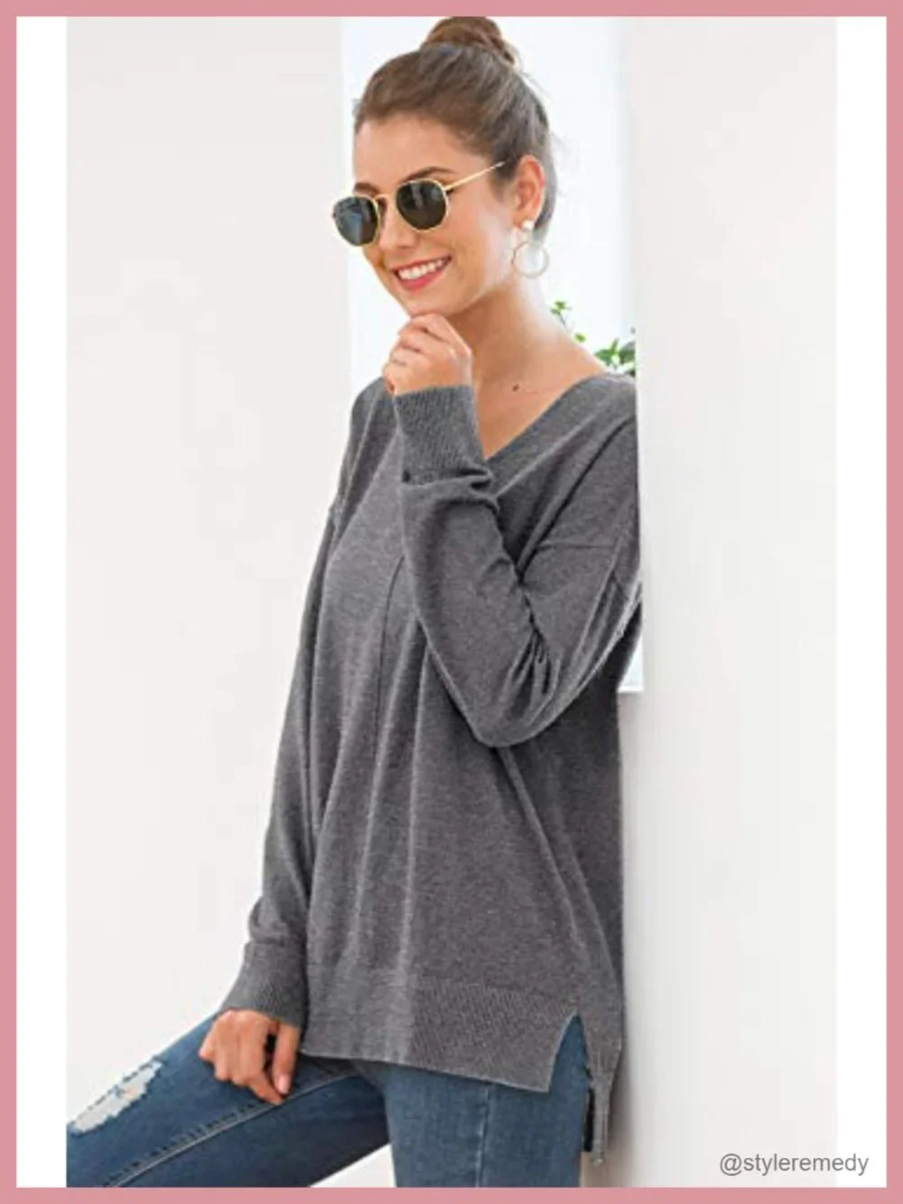 Viscose Blend V-Neck Batwing Sleeve Lightweight Knit Pullover Sweater